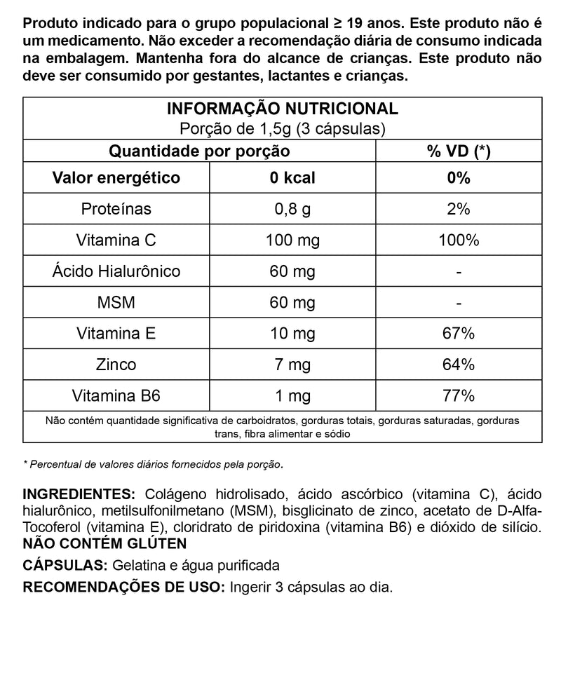 Colágeno Hidrolisado + Ácido Hialurônico + Vitamina C - 60 cápsulas