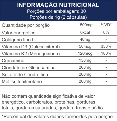 Glucosamina + Condroitina + Colágeno Tipo II - 60 Cápsulas