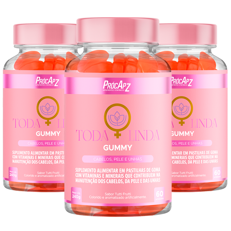 Kit Com 3 - Toda Linda Gummy l Pele, Cabelo e Unhas - 60 Cápsulas
