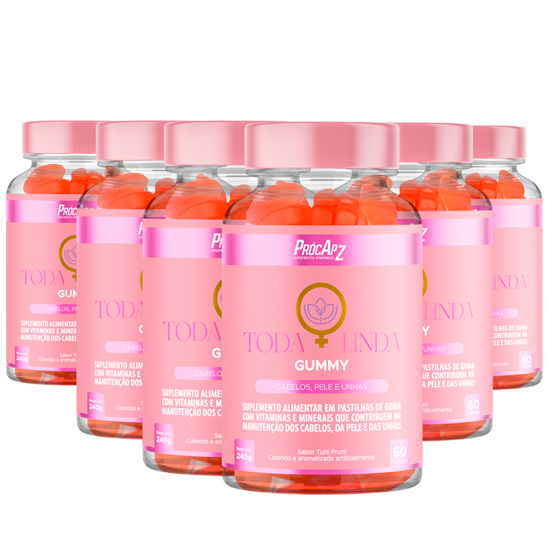 Kit Com 6 - Toda Linda Gummy l Pele, Cabelo e Unhas - 60 Cápsulas